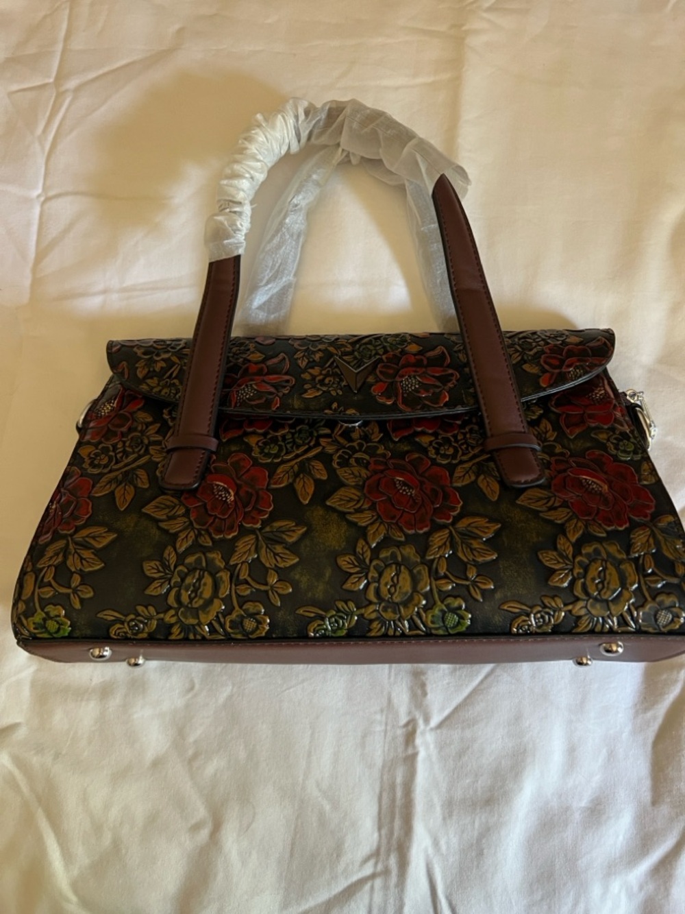 Elegant Floral Embossed Satchel Handbag in Brown and Red